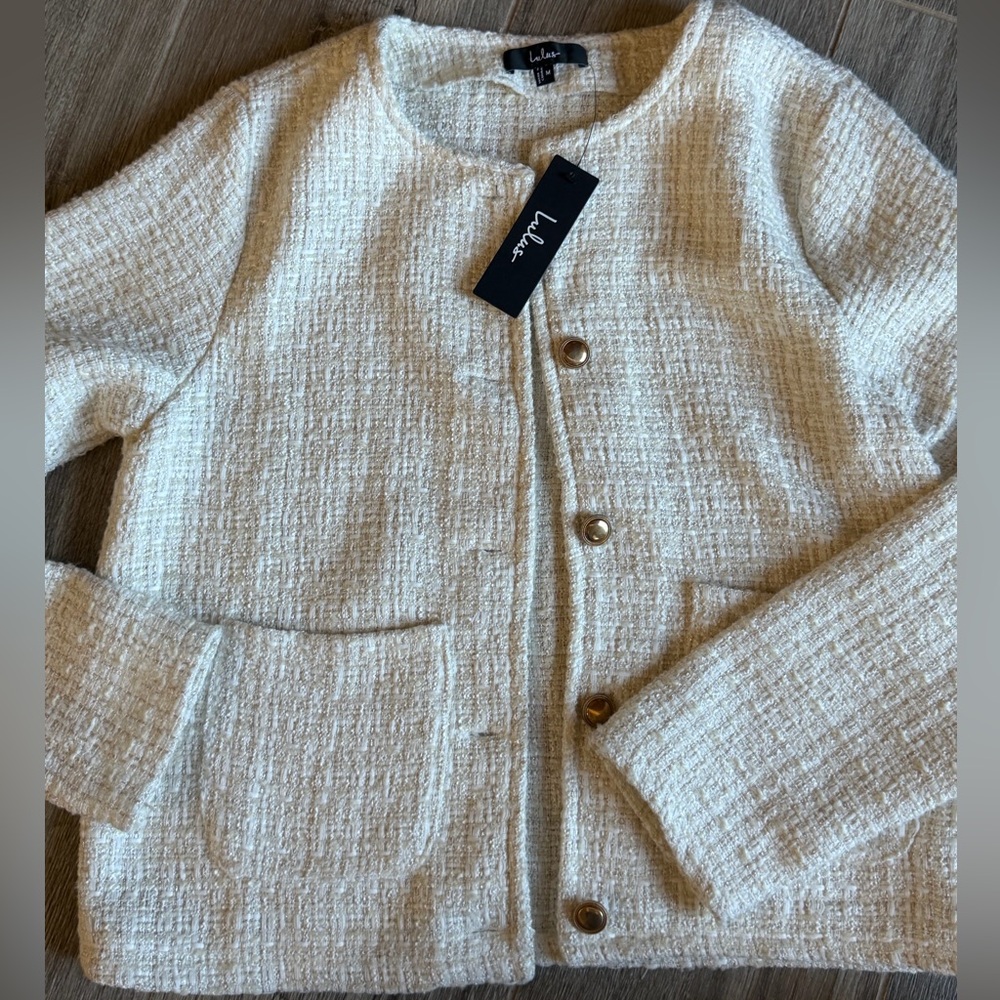 Lulus Posh Pursuits Ivory Tweed Collarless Jacket Gold Buttons NWT Size M